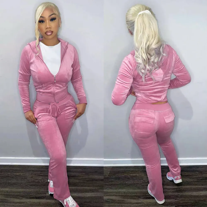 Velvet Hooded Two Piece Pants Sets